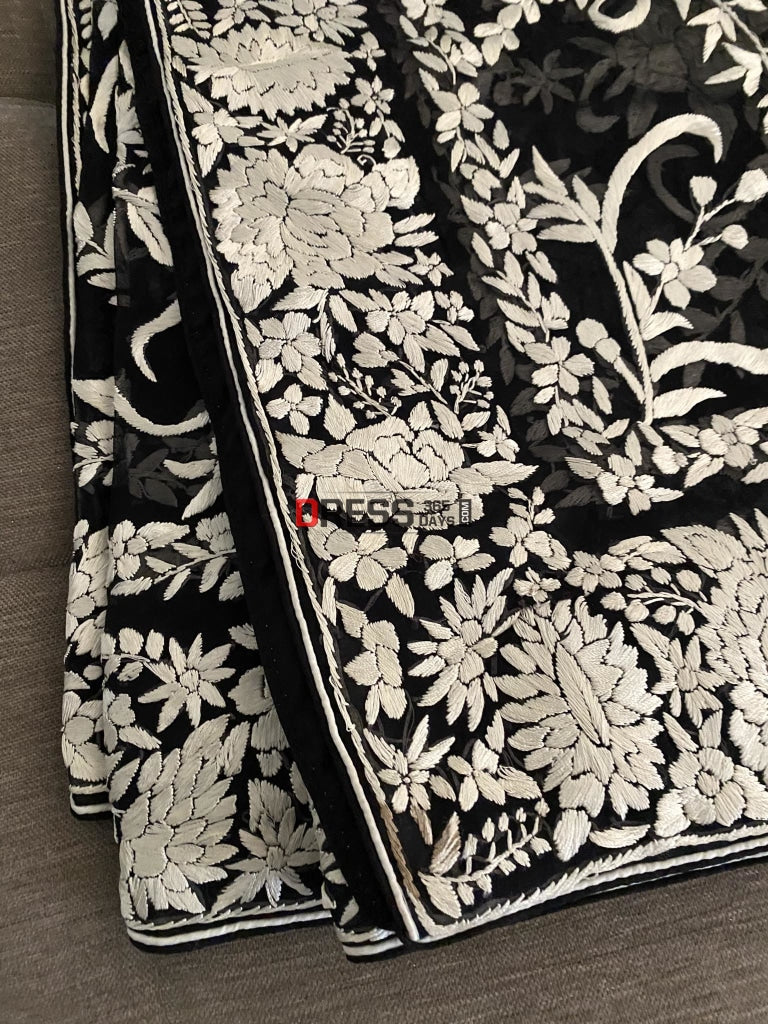 Floral Black & Ivory Parsi Gara Dupatta