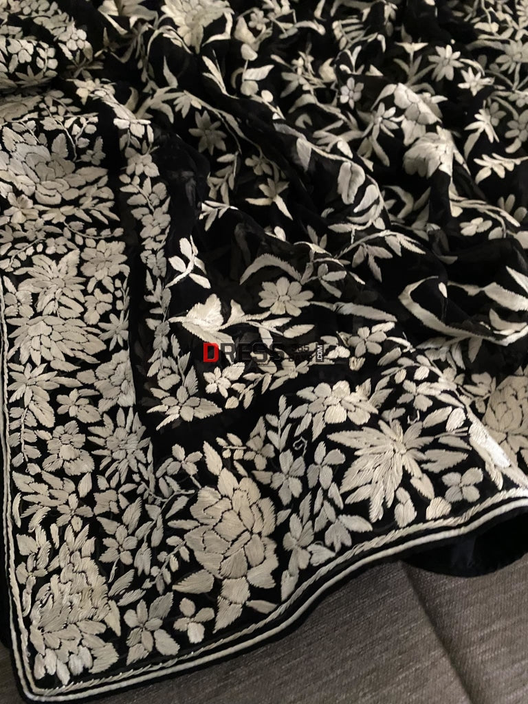 Floral Black & Ivory Parsi Gara Dupatta