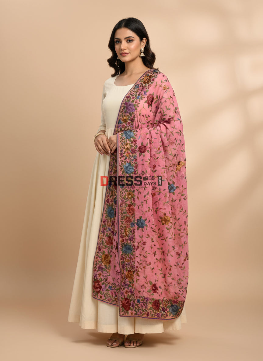 Floral Design Pink Parsi Gara Dupatta