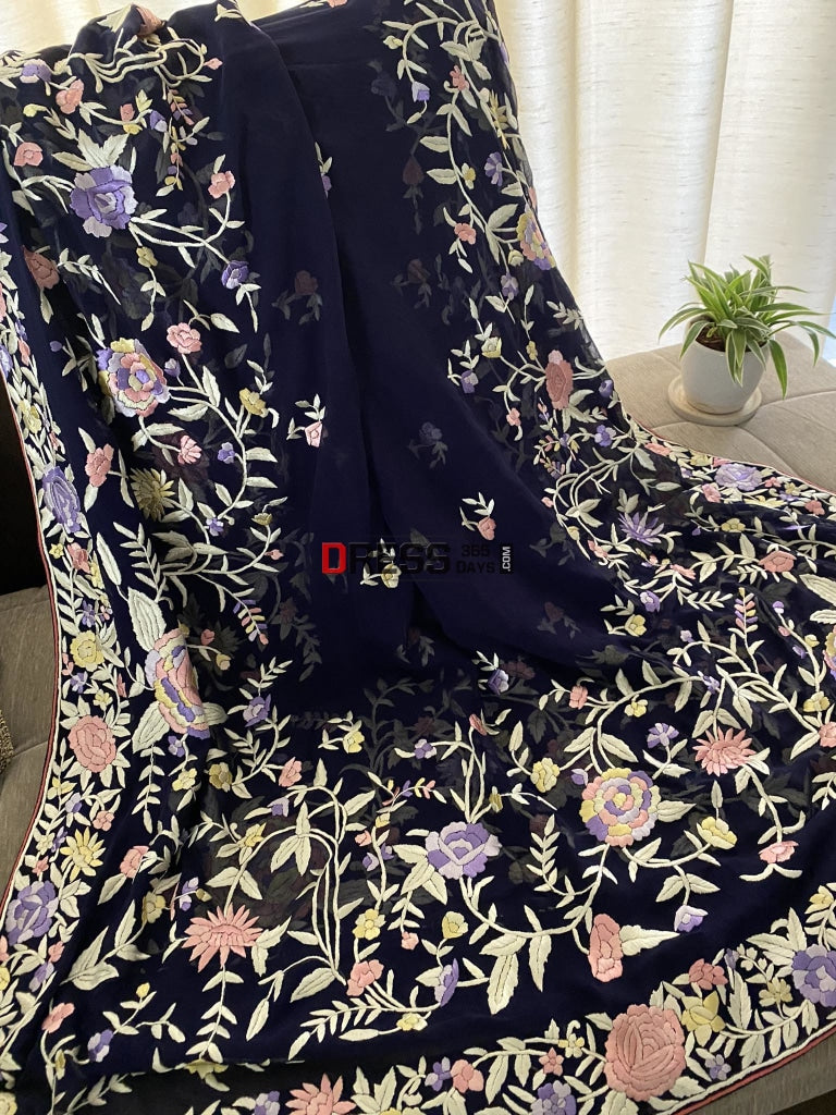 Floral Parsi Gara Hand Embroidered Dupatta