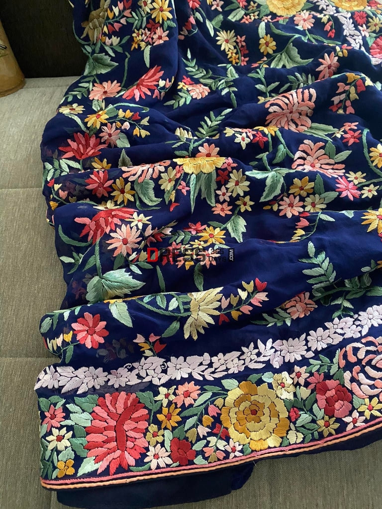 Floral Parsi Gara Hand Embroidered Saree
