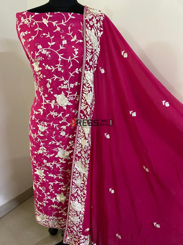 Front Back Hand Embroidered Parsi Gara Suit (Three Piece) Suits