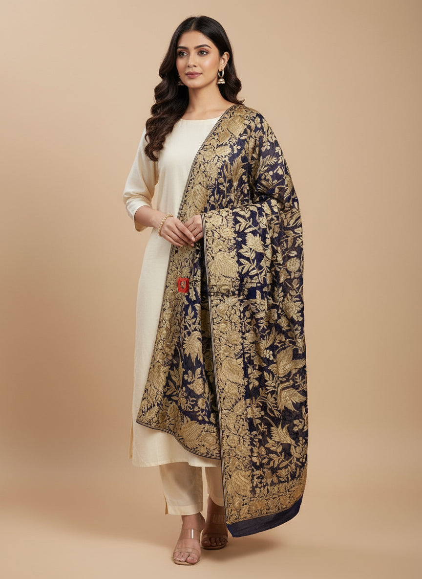 Gold and Navy Parsi Gara Dupatta