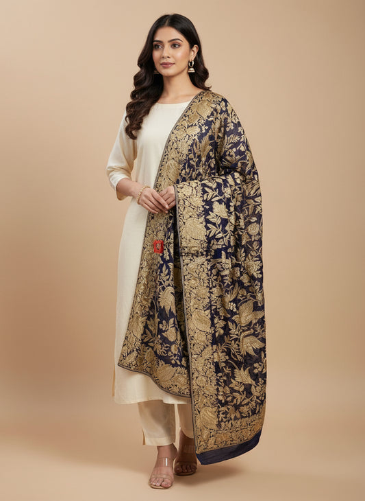 Gold and Navy Parsi Gara Dupatta