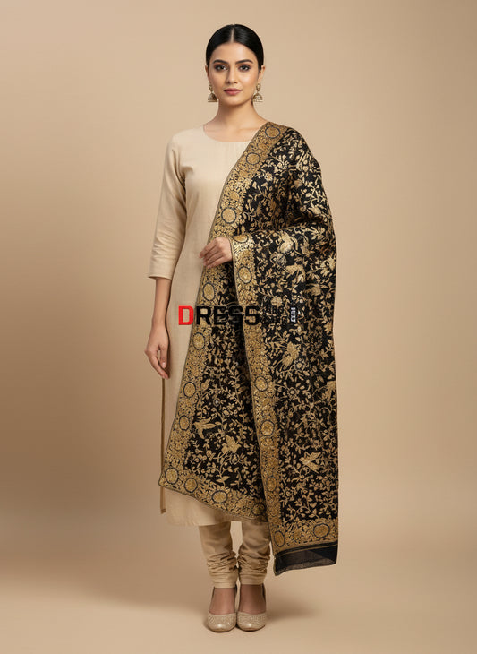 Pre Order Navy & Gold Parsi Gara Hand Embroidered Dupatta