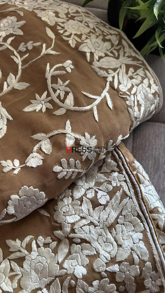 Golden Brown Multicolour Parsi Gara Saree Parsi Gara Saree