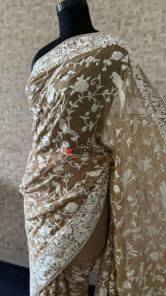 Golden Brown Multicolour Parsi Gara Saree Parsi Gara Saree