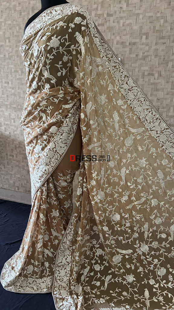 Golden Brown Multicolour Parsi Gara Saree Parsi Gara Saree