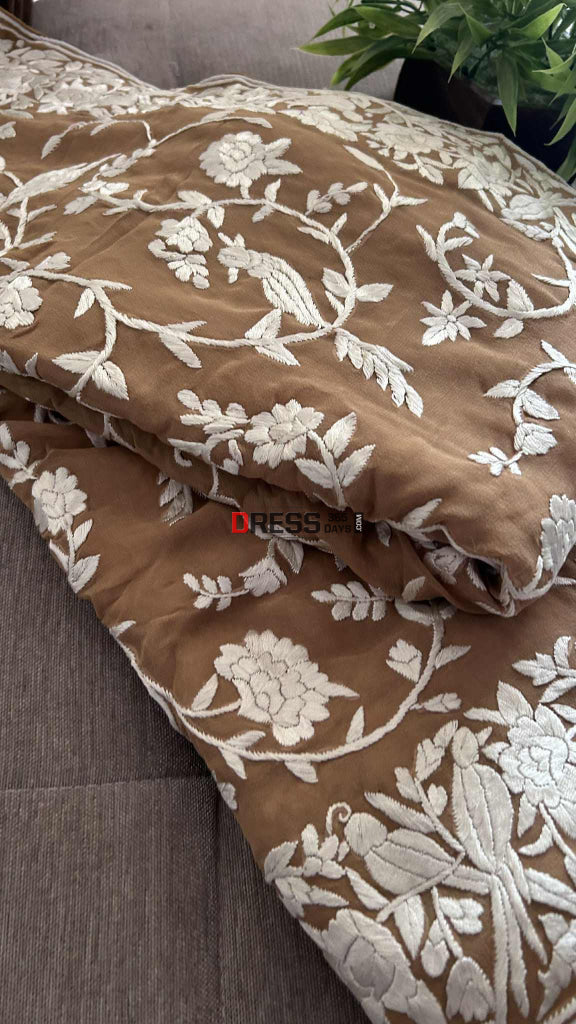 Golden Brown Multicolour Parsi Gara Saree Parsi Gara Saree