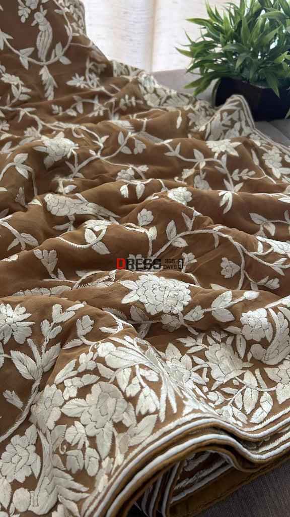 Golden Brown Multicolour Parsi Gara Saree Parsi Gara Saree
