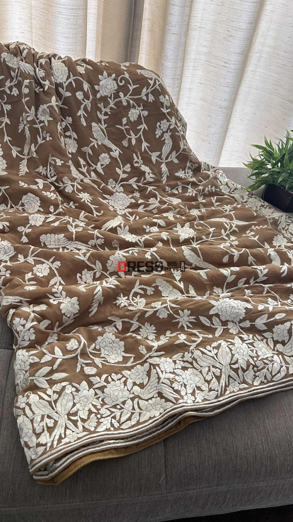 Golden Brown Multicolour Parsi Gara Saree Parsi Gara Saree