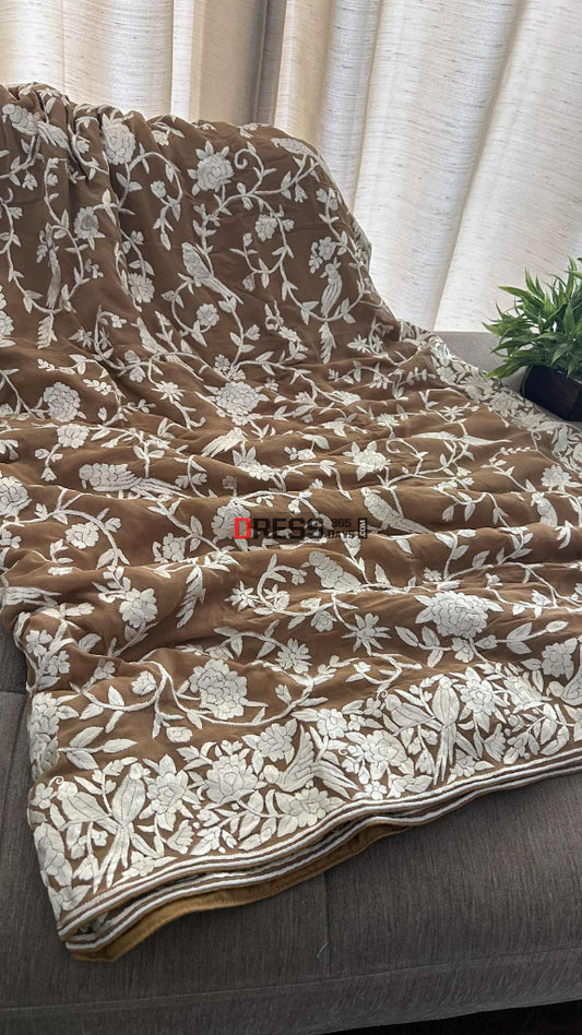 Golden Brown Multicolour Parsi Gara Saree Parsi Gara Saree