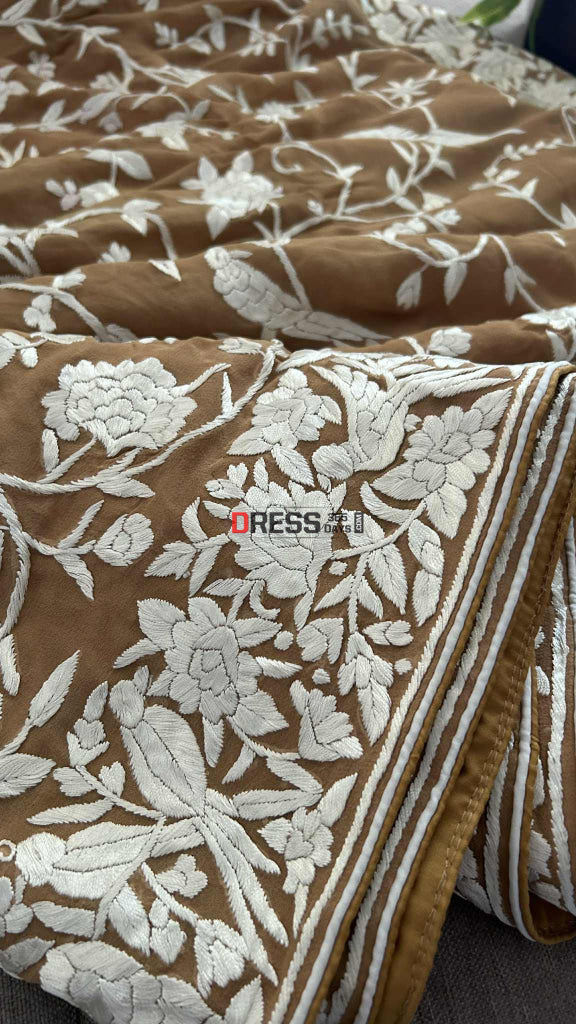 Golden Brown Multicolour Parsi Gara Saree Parsi Gara Saree