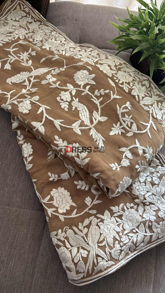 Golden Brown Multicolour Parsi Gara Saree Parsi Gara Saree
