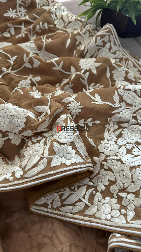 Golden Brown Multicolour Parsi Gara Saree Parsi Gara Saree