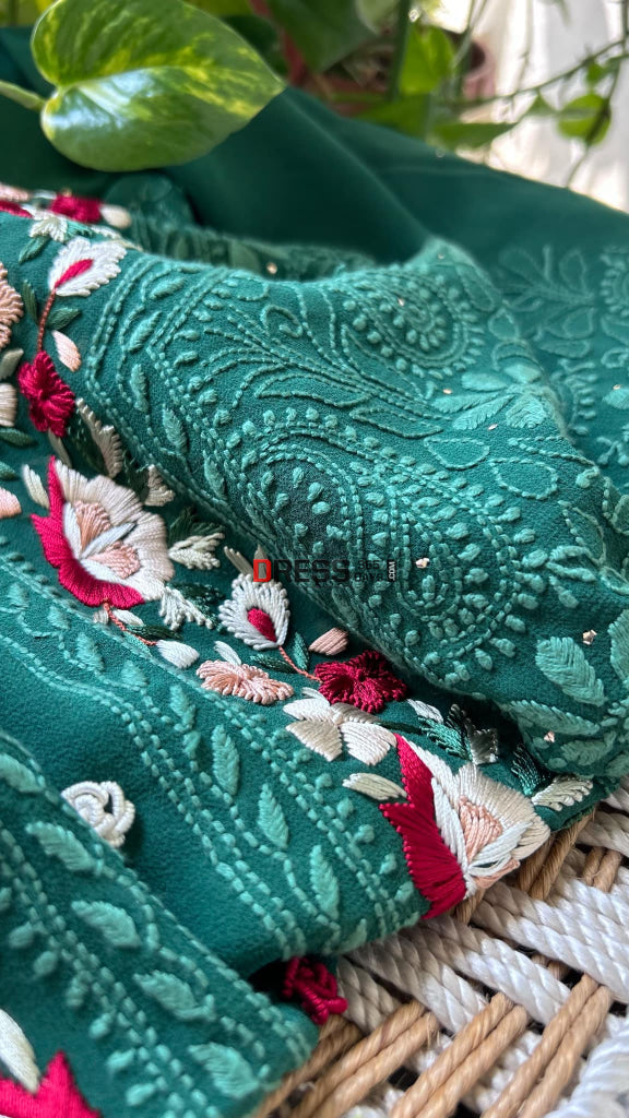 Green Chikankari Parsi Gara Neckline Kurta Dupatta Set Suits