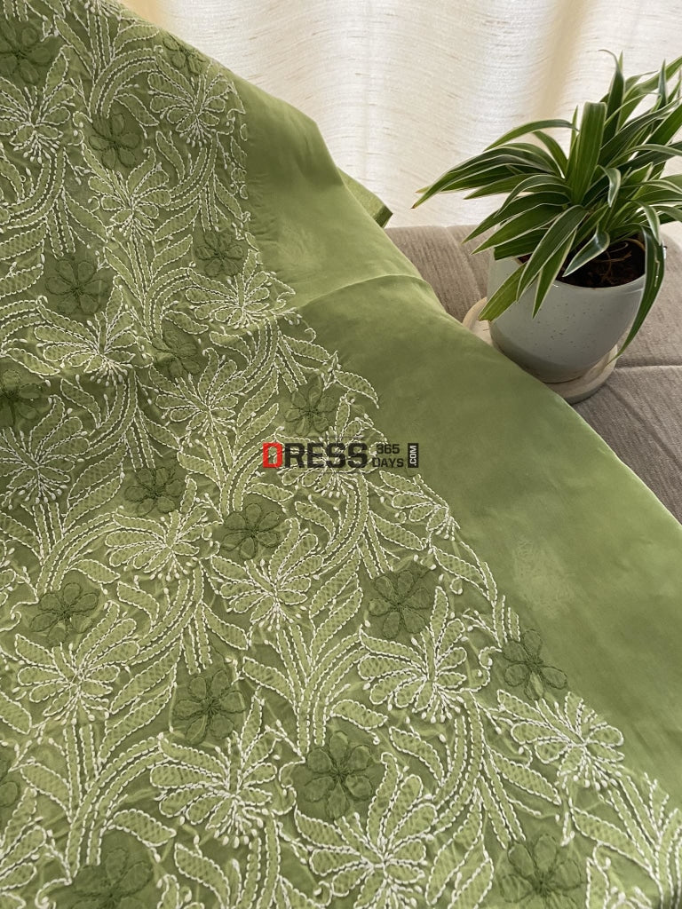 Green Cotton Chikankari Kurti Fabric (Only Kurti)- Festive Collection