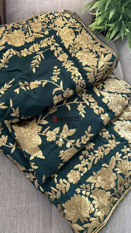 Green & Gold Parsi Gara Dupatta - Crepe Silk Parsi Gara Dupatta