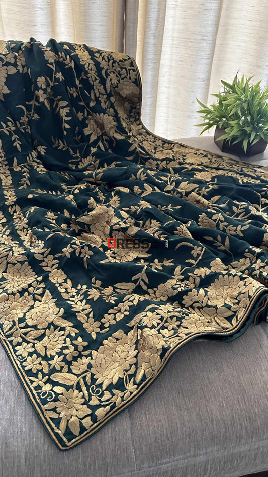 Green & Gold Parsi Gara Dupatta - Crepe Silk Parsi Gara Dupatta