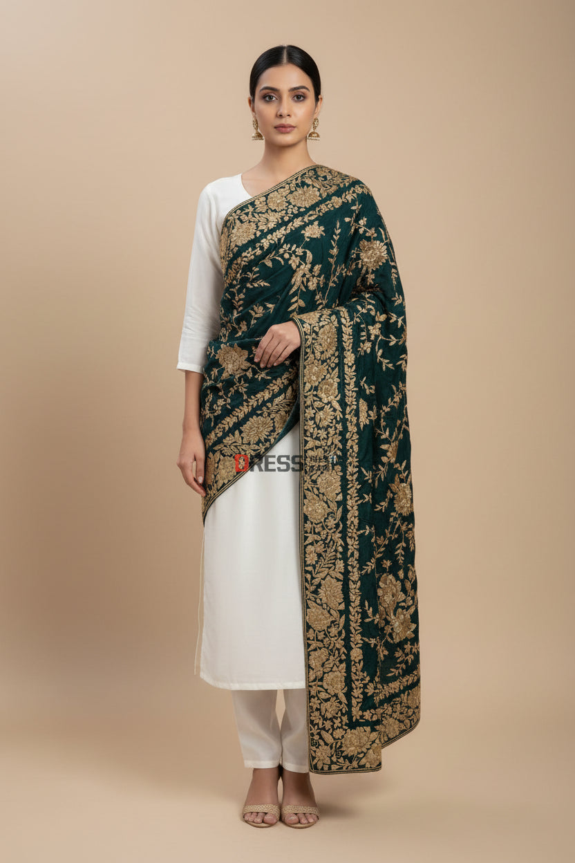 Heritage Green & Gold Parsi Gara Crepe Silk Dupatta