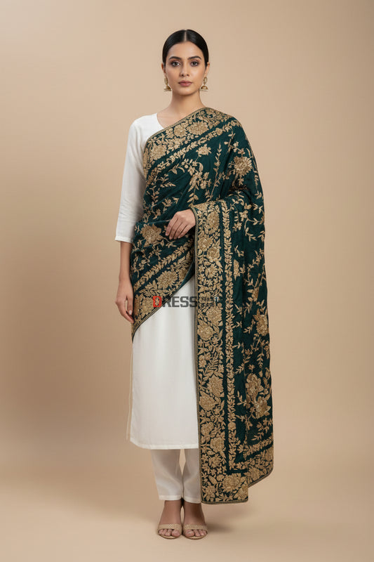 Heritage Green & Gold Parsi Gara Crepe Silk Dupatta