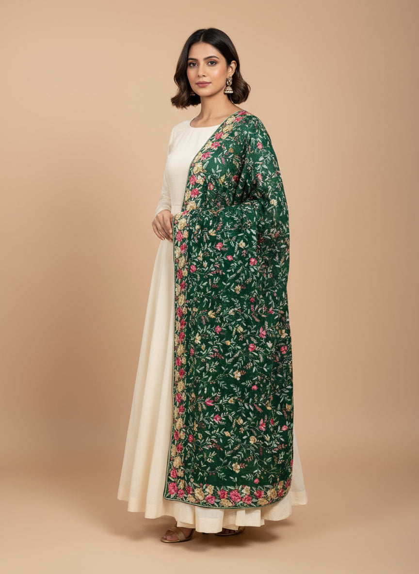 Green & Multicolour Parsi Gara Dupatta