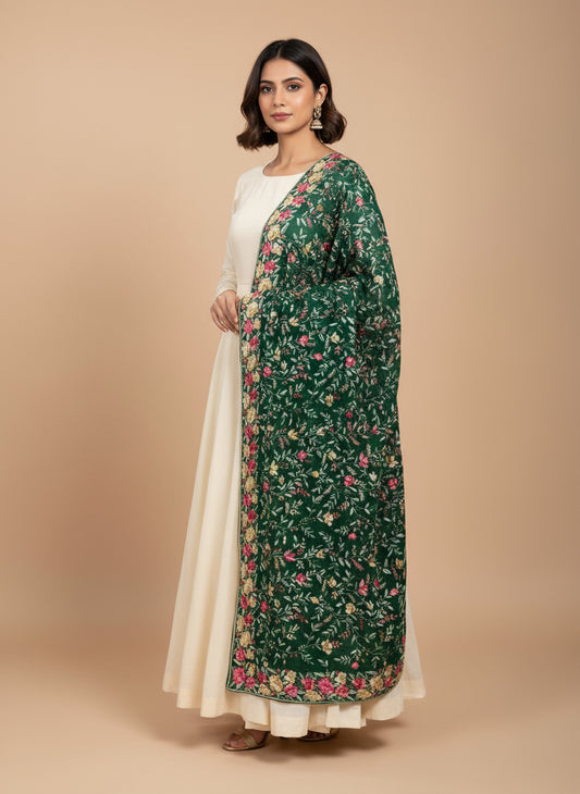 Green & Multicolour Parsi Gara Dupatta