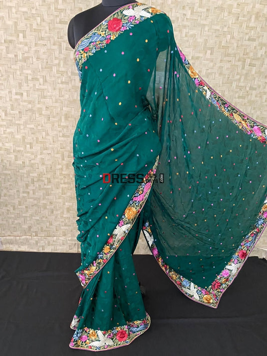 Green Parsi Gara Saree- Self Design Crepe Saree