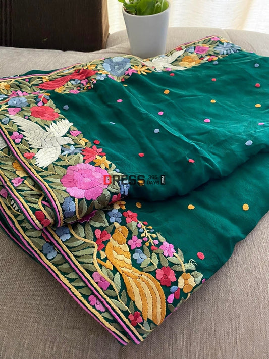 Green Parsi Gara Saree- Self Design Crepe Saree