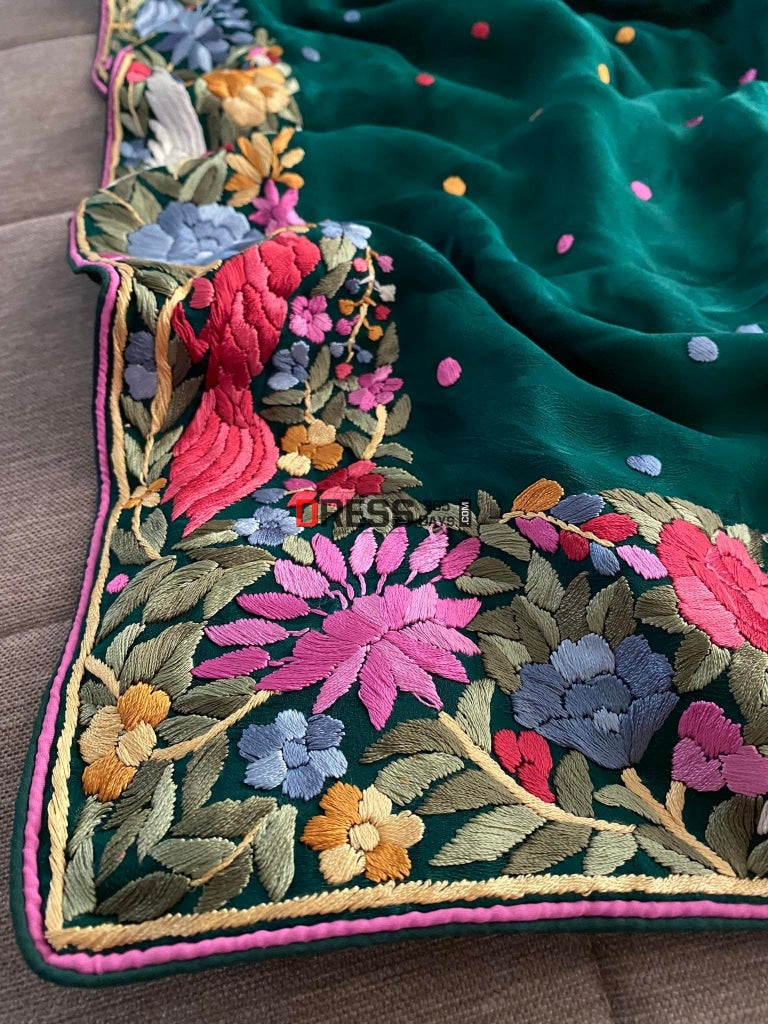 Green Parsi Gara Saree- Self Design Crepe Saree