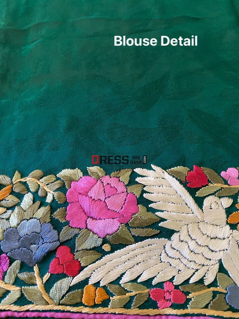 Green Parsi Gara Saree- Self Design Crepe Saree