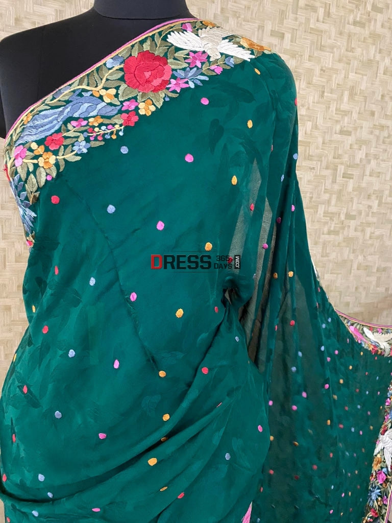Green Parsi Gara Saree- Self Design Crepe Saree