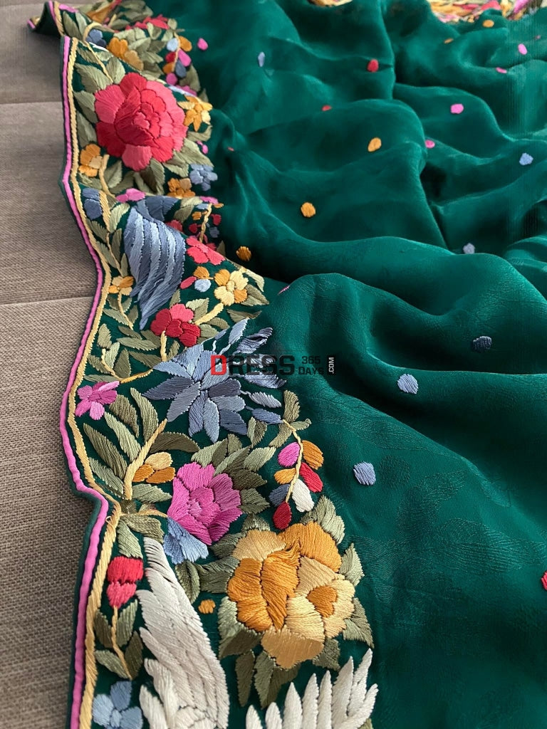 Green Parsi Gara Saree- Self Design Crepe Saree