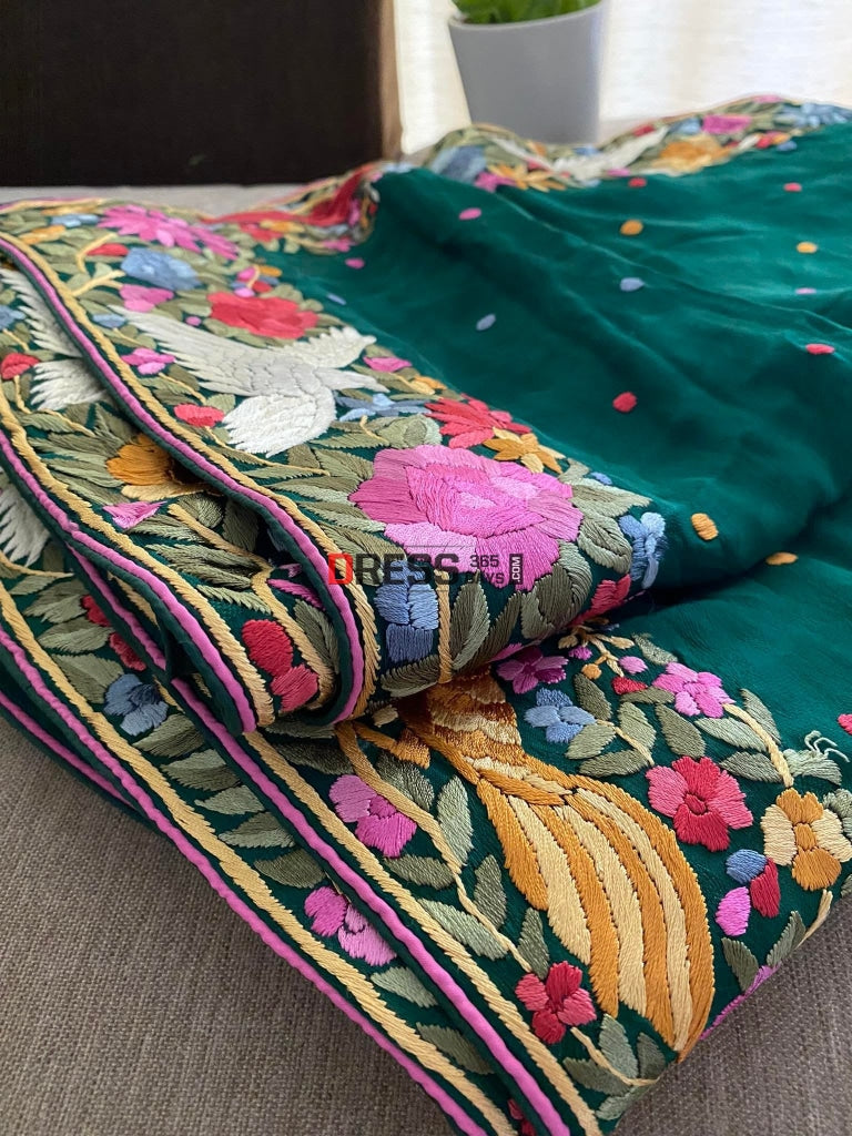 Green Parsi Gara Saree- Self Design Crepe Saree
