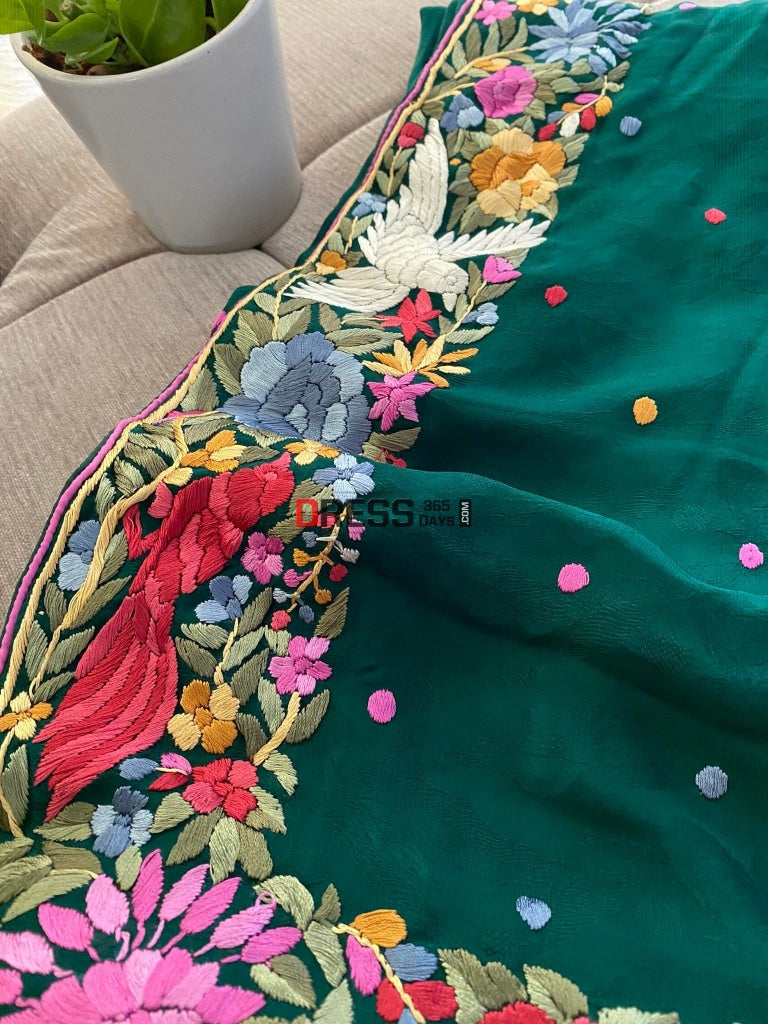 Green Parsi Gara Saree- Self Design Crepe Saree