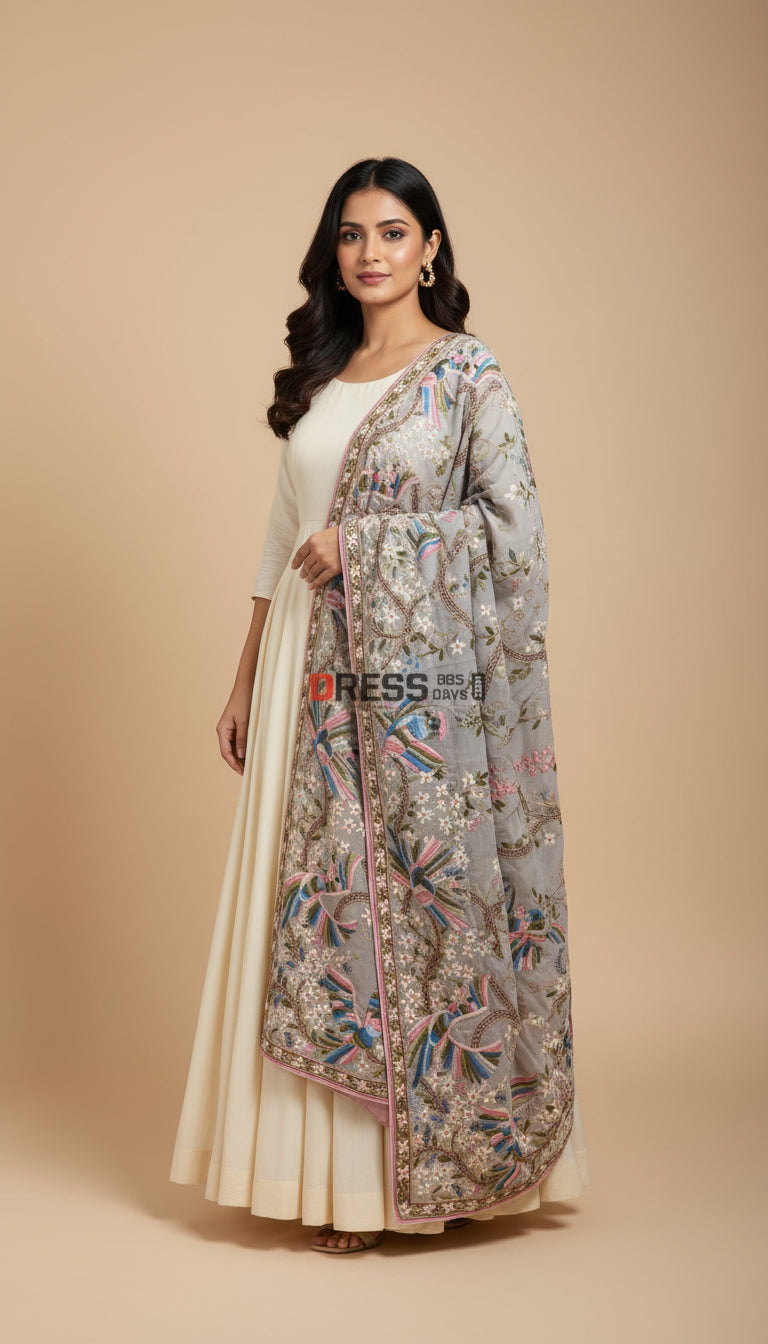 Grey Crepe Silk Parsi Gara Dupatta