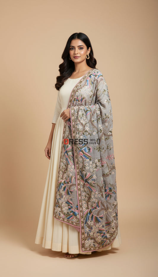 Grey Crepe Silk Parsi Gara Dupatta