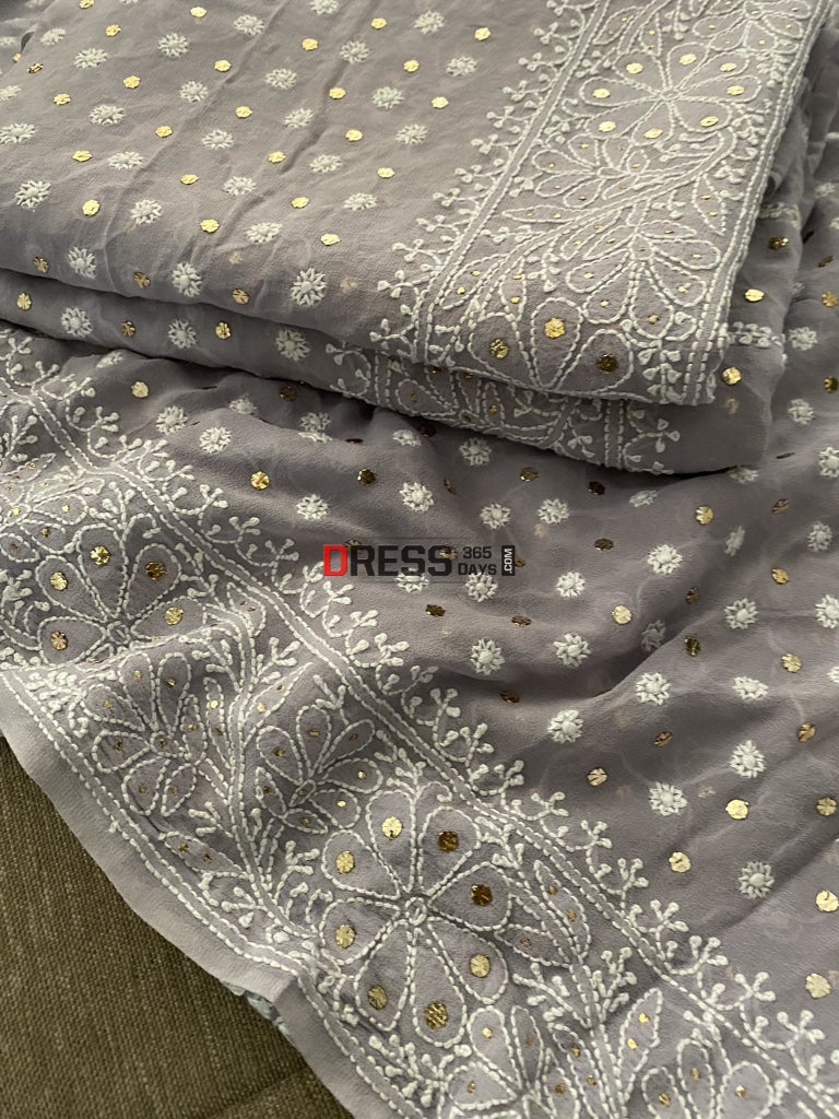 Grey Front And Back Chikankari Suit With Embroidered Dupatta Suits