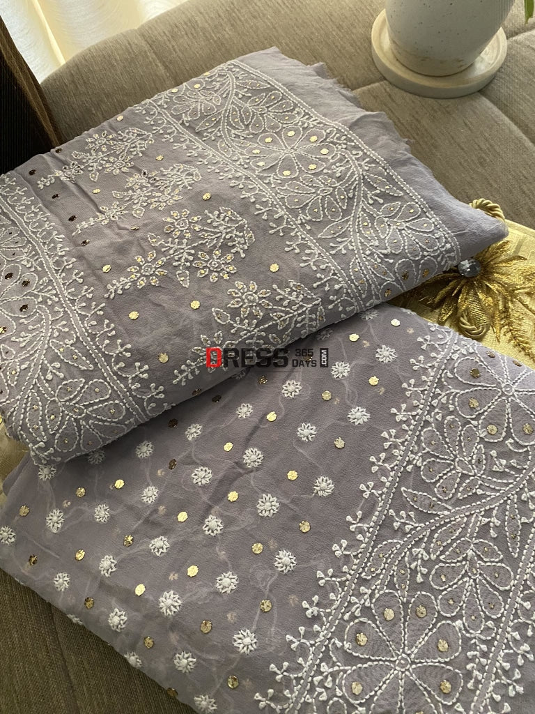 Grey Front And Back Chikankari Suit With Embroidered Dupatta Suits