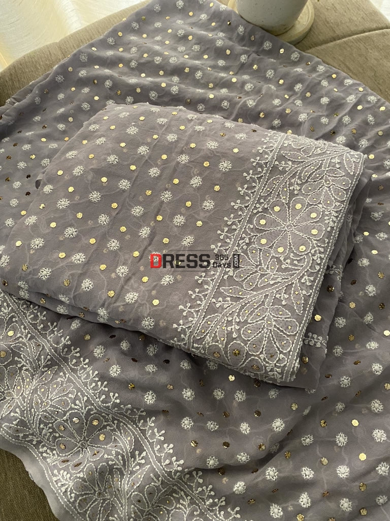 Grey Front And Back Chikankari Suit With Embroidered Dupatta Suits