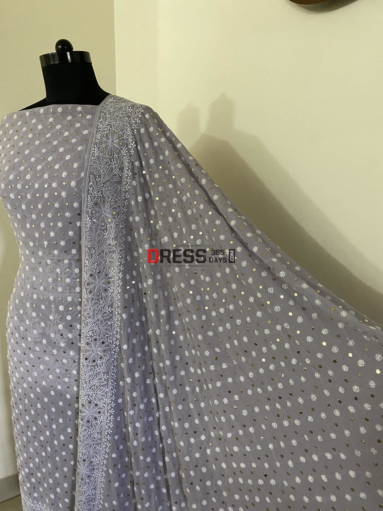 Grey Front And Back Chikankari Suit With Embroidered Dupatta Suits