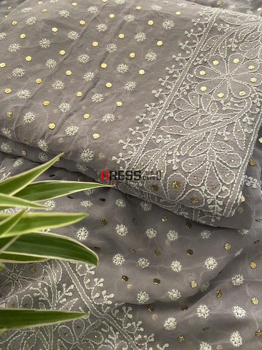 Grey Front And Back Chikankari Suit With Embroidered Dupatta Suits