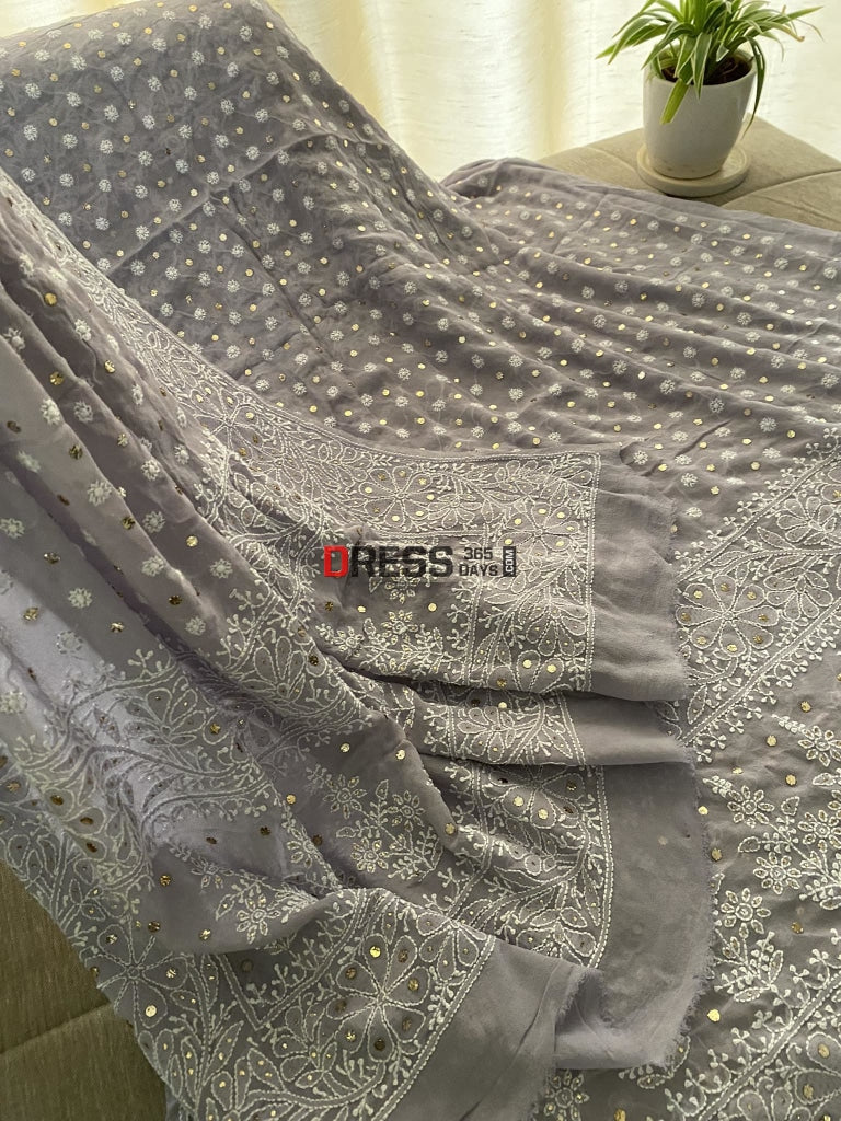 Grey Front And Back Chikankari Suit With Embroidered Dupatta Suits