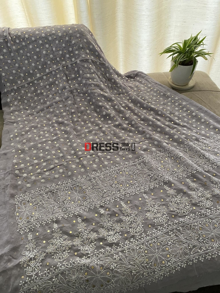 Grey Front And Back Chikankari Suit With Embroidered Dupatta Suits