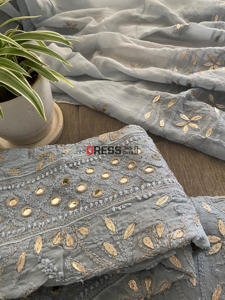 Grey Mirror Gota Patti Chikankari Anarkali