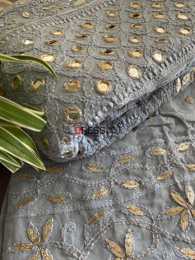 Grey Mirror Gota Patti Chikankari Anarkali