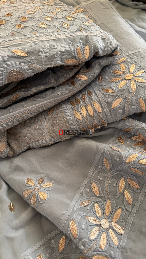 Grey Mirror Gota Patti Chikankari Anarkali Suit - Chikankari Anarkali