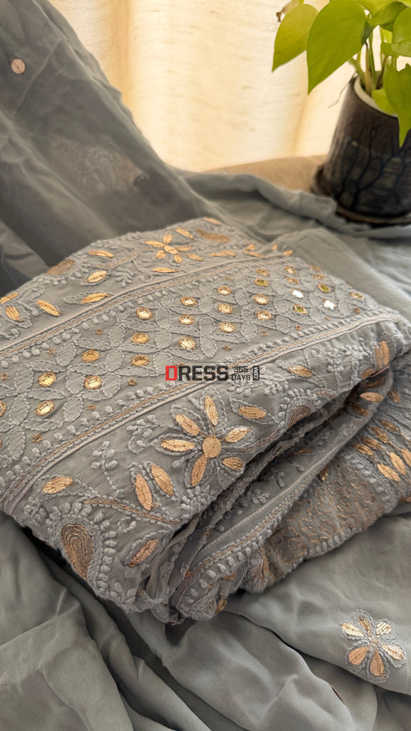 Grey Mirror Gota Patti Chikankari Anarkali Suit - Chikankari Anarkali