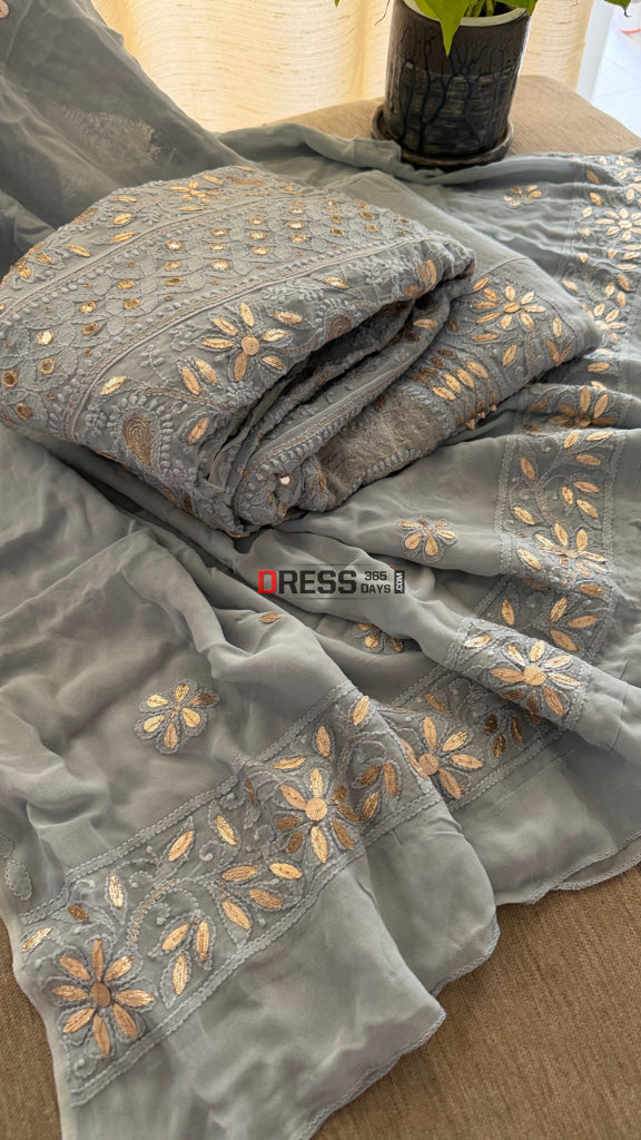 Grey Mirror Gota Patti Chikankari Anarkali Suit - Chikankari Anarkali