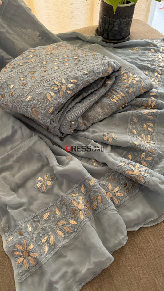 Grey Mirror Gota Patti Chikankari Anarkali Suit - Chikankari Anarkali